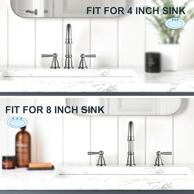 CREA Widespread Bathroom Faucet 3 Hole 8 inch Faucet Brushed Nickel with Pop Up Drain 2 Handle 4 inch Sink Faucets for Vanity Lavatory Basin Restroom Bath
