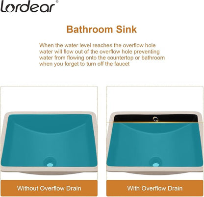 Lordear Undermount Black Bathroom Sink 21x15 Inch Bathroom Vanity Sinks Undermount Rectangle Black Porcelain Ceramic Bathroom Under Counter Lavatory Vanity Sink Basin with Overflow