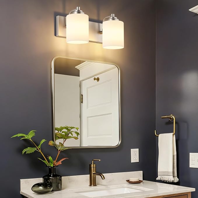 SOLFART Brushed Nickel 2 Light Vanity Lights for Bathroom, Milky Glass Shade Vintage Wall Sconce, Modern Bathroom Light Fixture Over Mirror, Easy to Install High-End Vanity Light (Bulbs Not Included)