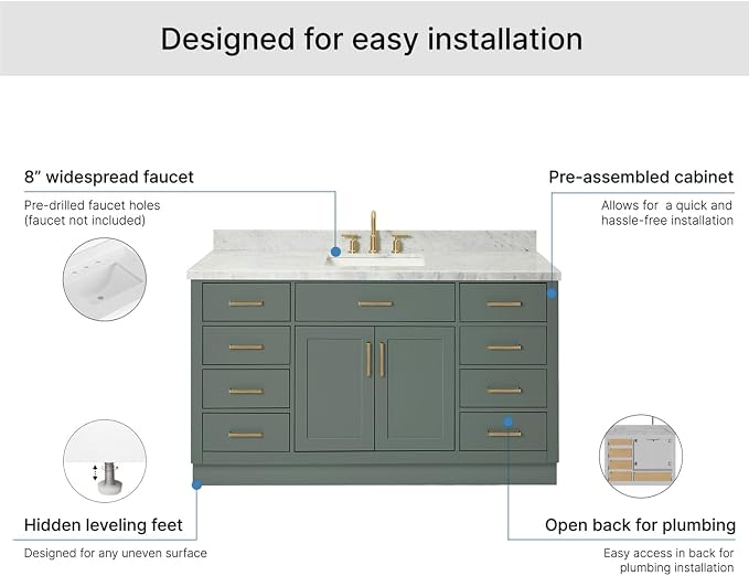 ARIEL Hepburn 60-inch Bathroom Vanity with Sink,Solid Wood, 1.5-inch Italian Carrara Marble Countertop, Single Rectangular Porcelain Sink, 2 Soft Closing Doors, 9 Dovetail Drawers, Vintage Green