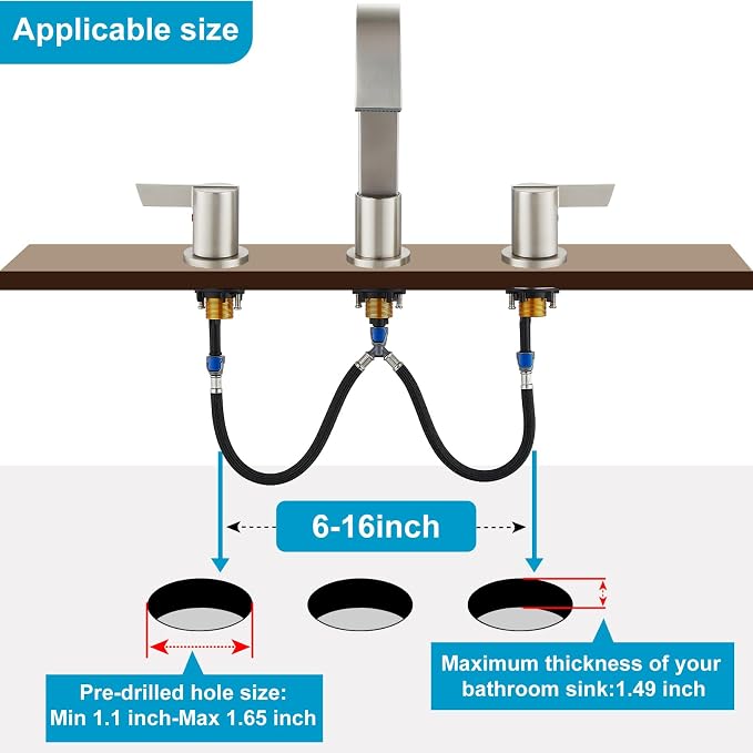 Midanya 8 Inch Widespread Bathroom Sink Faucet 3 Hole,Brushed Nickel | Waterfall Swivel Spout,2 Handle,SUS304,with Pop Up Drain,cUPC 24" Water Hose,for 6-16” hole distance vanity,RV,Farmhouse Sink