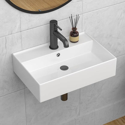 24x16 InchFloating Bathroom Sink Wall Mount Vessel Sink | Floating Wall Hung Sinks Rectangular Modern Vessel Sinks White Porcelain Lavatory Sink for Hotel & Residential Bathroom