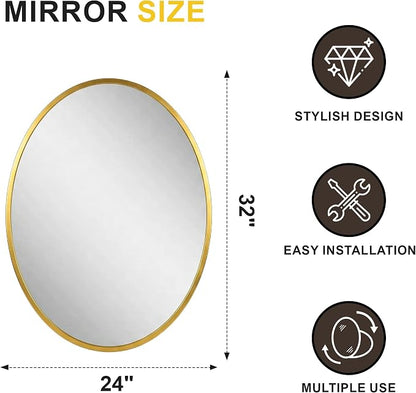 Oval Bathroom Mirror for Wall, 24"x32" Gold Bathroom Vanity Mirror | HD Shatterproof Glass, Metal Framed, Oval Vanity Mirrors for Bathroom, Bedroom, Living Room, Entryway, Horizontal or Vertical