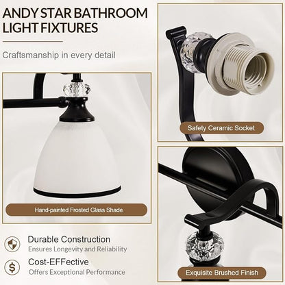 Bathroom Lighting Fixtures Over Mirror, 2-Light Matte Black Vanity Light with Frosted Glass, Anti-Rust Metal Framed Bathroom Wall Lamp Sconces for Mirror Bedroom, Living Room Hallway