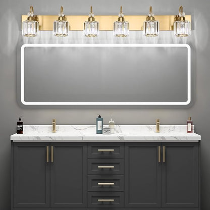 Ralbay Gold Crystal Vanity Lights for Bathroom 6-Lights Brass Gold Crystal Bathroom Vanity Lights Over Long Mirror Modern Crystal Bathroom Wall Lighting Fixtures