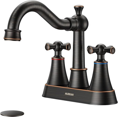 4-inch Centerset ORB Classical Bathroom Faucet, 2 Handles for 2 or 3 Hole Sink with 360° Swivel Spout, Pop Up Drain Assembly and Supply Hose for Vanity Sink Lavatory Faucet