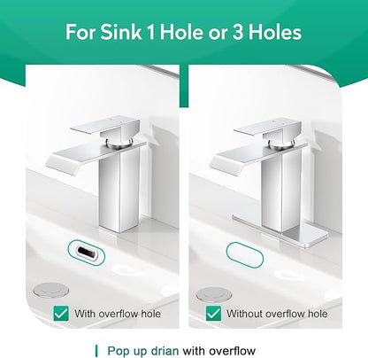 CREA Chrome Waterfall Bathroom Faucet 1 Hole,Chrome Bathroom Faucet Single Handle Bathroom Sink Faucet with Pop Up Drain Stopper/ 3 Hole Plate,Stainless Steel RV Vanity Faucet Basin Mixer Tap