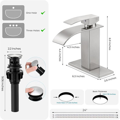 Brushed Nickel Bathroom Faucets *2, Waterfall Bathroom Sink Faucet Modern Single Handle Bathroom Faucte 1 or 3 Hole, RV Mixer Tap Vanity Faucet - Includes Pop-up Drain