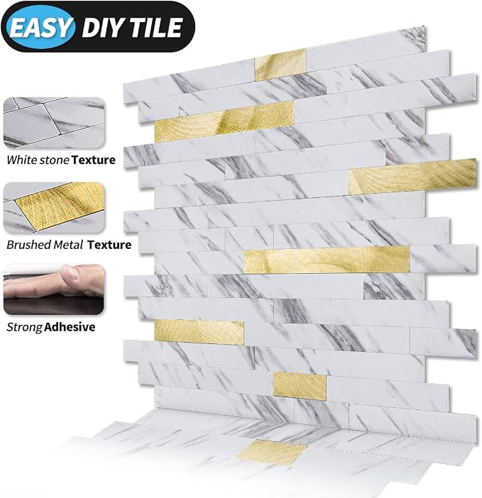 Art3d Faux Stone Peel & Stick Backsplash Tile, 10pcs, Gold Stud White Slate | PVC, Multi-Style Decor Sheets, Waterproof, Traceless Peel, No Wall Damage, Ideal for Kitchen
