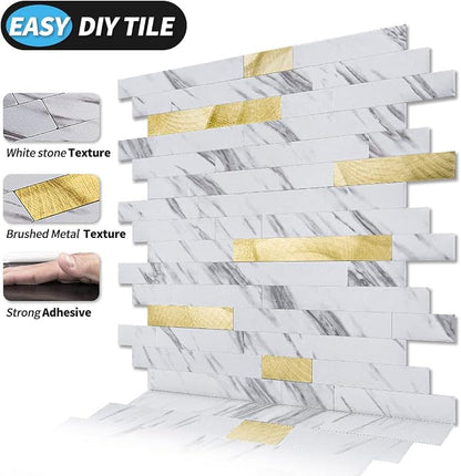 Art3d Faux Stone Peel & Stick Backsplash Tile, 10pcs, Gold Stud White Slate | PVC, Multi-Style Decor Sheets, Waterproof, Traceless Peel, No Wall Damage, Ideal for Kitchen