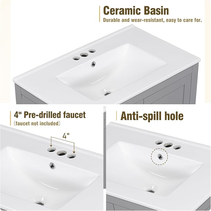 30" Freestanding Bathroom Vanity with Sink, Floor Stand Bathroom Storage Cabinet with Ceramic Sink, Doors with Double-Layered Storage Shelves, Modern Compact Vanity with Divided Drawer, Gray