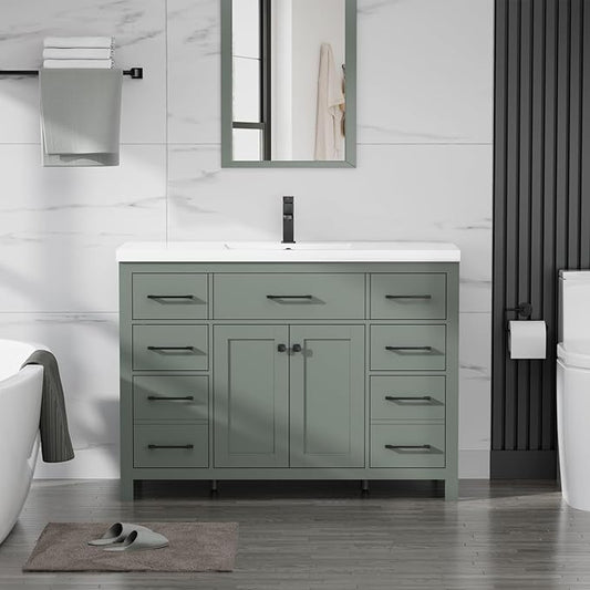 LUCKWIND 48" Modern Bathroom Vanity and Sink, Painted Bathroom Storage Cabinet with Single Resin Sink, Two Doors and Four Drawers, Include Faucet Without Mirror, Green