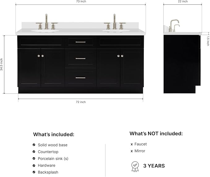 ARIEL Hamlet 72-inch Bathroom Vanity with Sink,Solid Wood, 1.5-inch Pure White Quartz Countertop & Backsplash, Double Oval Porcelain Sink, 4 Soft Closing Doors, 3 Dovetail Drawers, Black