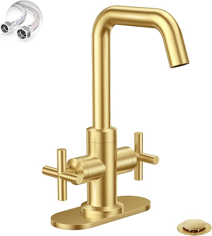 Brushed Gold 2-Handle 4 Inch Centerset Single Hole Bathroom Faucet with Drain,Deck Plate and Supply Hoses, Fit for 1 or 3 Hole, SGF002-10-BG