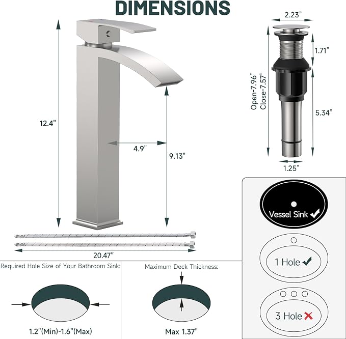 Brushed Nickel Vessel Sink Faucet, Waterfall Bathroom Faucets | Brass, Tall Spout, Single Handle 1 Hole Bathroom Faucet, Modern Basin Taps with Supply Line, Pop Up Drain, Without Overflow