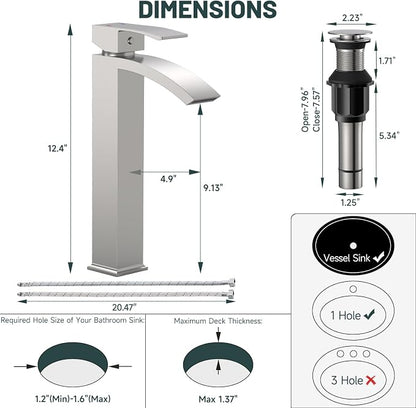 Brushed Nickel Vessel Sink Faucet, Waterfall Bathroom Faucets | Brass, Tall Spout, Single Handle 1 Hole Bathroom Faucet, Modern Basin Taps with Supply Line, Pop Up Drain, Without Overflow