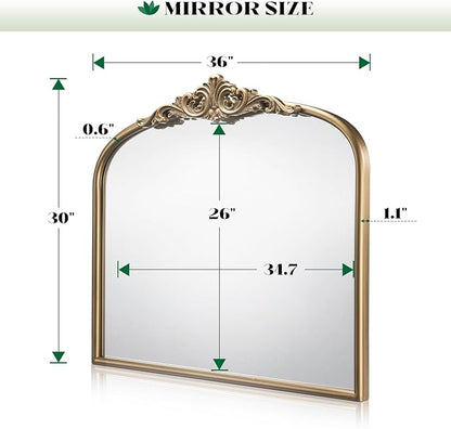 Arched Antique Gold Wall Mirror, 36"x30" Large Vintage Gold Ornate Wall Mirror, Wide Brass Mantle Mirrors for Bathroom Over Sink, Fireplace, Living Room, Entryway, Hanging or Leaning