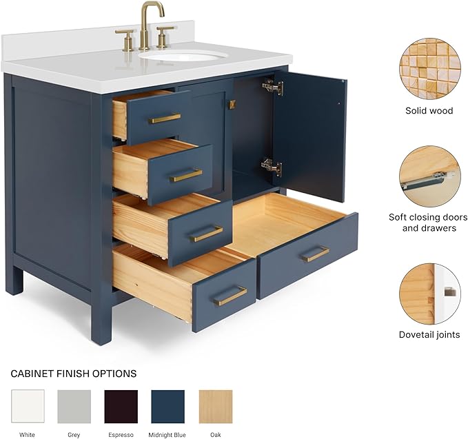 ARIEL Cambridge 42-inch Bathroom Vanity with Sink,Solid Wood, 1.5-inch Pure White Quartz Countertop & Backsplash, Single Oval Porcelain Sink, 2 Soft Closing Doors, 5 Dovetail Drawers, Midnight Blue