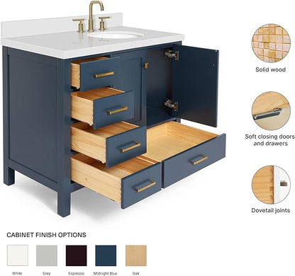 ARIEL Cambridge 42-inch Bathroom Vanity with Sink,Solid Wood, 1.5-inch Pure White Quartz Countertop & Backsplash, Single Oval Porcelain Sink, 2 Soft Closing Doors, 5 Dovetail Drawers, Midnight Blue