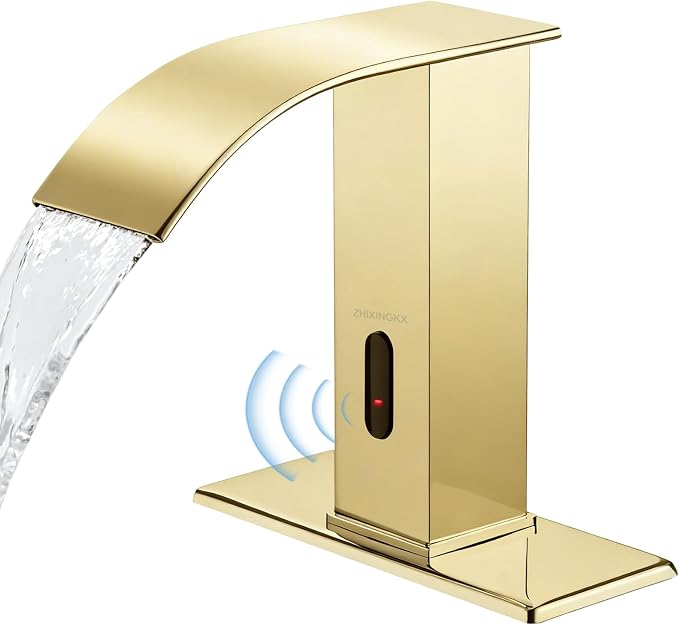 Touchless Bathroom Faucet with Waterfall Spout,Motion Automatic Sensor Bathroom Sink Faucet with Hole Cover Plate, Stainless Steel Hands Free Vanity Faucet(Regular, Gold)