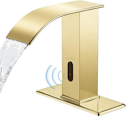 Touchless Bathroom Faucet with Waterfall Spout,Motion Automatic Sensor Bathroom Sink Faucet with Hole Cover Plate, Stainless Steel Hands Free Vanity Faucet(Regular, Gold)