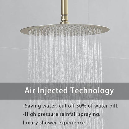 Brushed Gold Ceiling Mount Round Rain Shower System with 12 Inch Shower Head and Handheld Bathroom Shower Set Contain Shower Faucet Trim Kit (Mixer Valve Included)