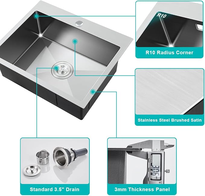 24x18 Inch Drop in Kitchen Sink 18 Gauge Stainless Steel | Single Bowl Single Hole Topmount Sink with Brushed Finish, 24"x18"x9" for Small Kitchen, Bar and RV