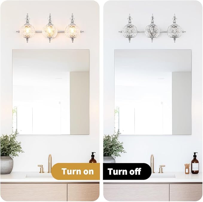 Brushed Nickel Bathroom Vanity Light Fixture Vintage Style - 3 Light G9 Bulb Compatible, 23" Wide Bathroom Lighting Over Mirror with Hand-Etched Glass Shades, Easy Mount for Makeup Area