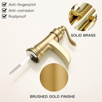 BWE Brass Gold Waterfall Sink Faucet for Modern & Traditional Bathroom | Wide Waterfall Spout, Ceramic Cartridge, Fits 1 or 3-Hole Sink, Single Handle, Hardware Kit Included, Not for Vessel Sink