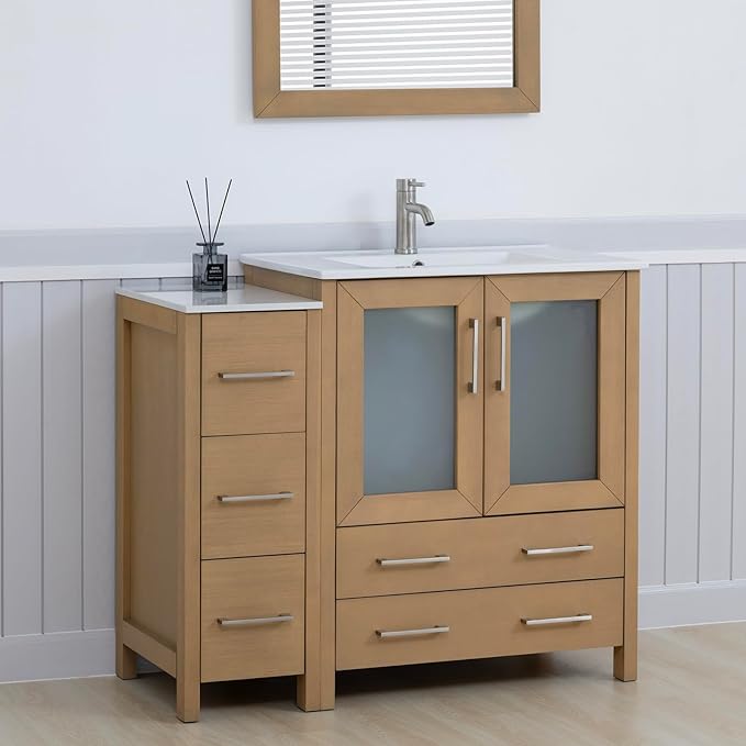 Vanity Art 42 Inch Under Mount Single Sink Bathroom Vanity Cabinet with 1 Mirror, Ceramic Top Bathroom Cabinet Compact Set with 5 Dovetail Storage Drawers, Brushed Nickel Handles, VA3030-42-NO