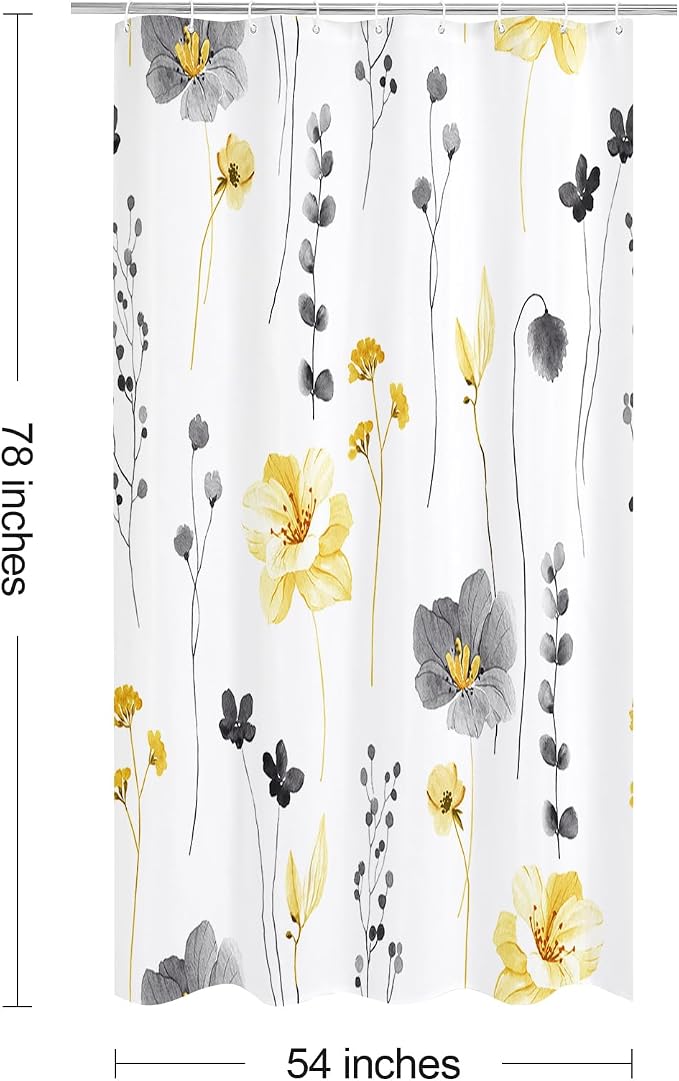 Yellow Beige Watercolor Floral Fabric Shower Curtain, 54x78 | Waterproof Fabric, Modern Minimalist Floral Print, Machine Washable, Rustproof Grommets, for Bathroom Home, Stall