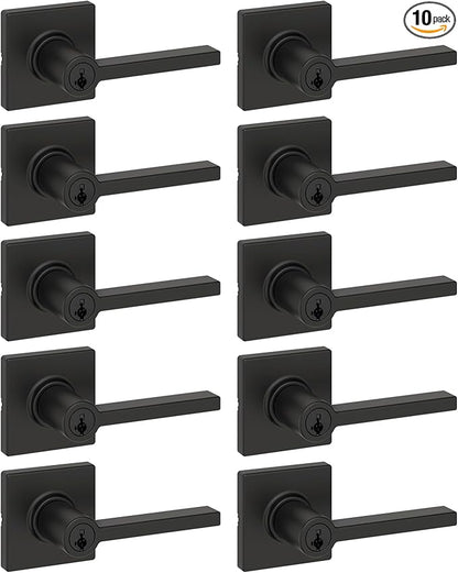 Kwikset Casey Entry Door Handle with Lock and Key, Secure Keyed Reversible Lever Exterior, for Front Entrance and Bedrooms, Matte Black, 10 Pack, Pick Resistant SmartKey Rekey Security and Microban