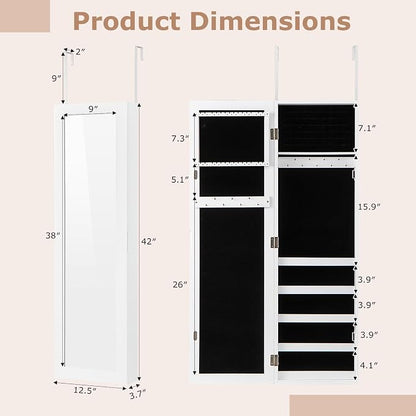 NAFORT Jewelry Armoire with Full-length Mirror,Wall Mounted Jewelry Organizer Cabinet with Make-up mirror, Height Adjustable Hanging jewelry storage mirror, Jewelry Holder, White