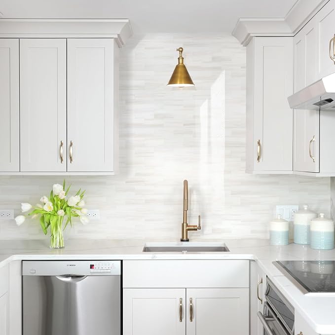 STICKGOO 10-Sheet Subway Tile Peel and Stick Wall Tiles, Seamless Design Polished Dolomite Kitchen Backsplash, PVC Stick on Tiles for Kitchen, Bathroom, RV, Fireplace