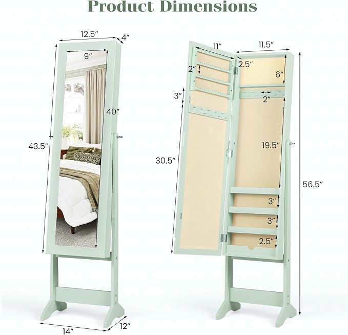 Giantex Jewelry Armoire with Full Length Mirror, Standing Jewelry Cabinet Organizer with 3 Tilting Angles, Bedroom Dressing Mirror with Large Storage for Earrings, Rings, Necklaces, Sage