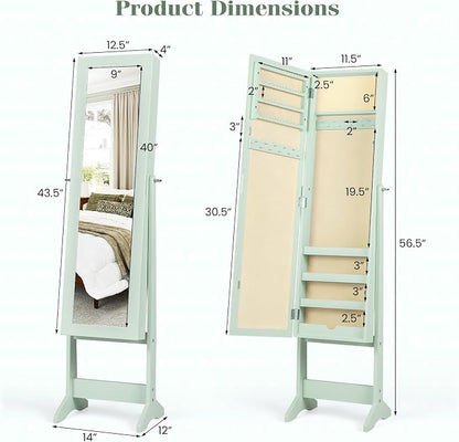 Giantex Jewelry Armoire with Full Length Mirror, Standing Jewelry Cabinet Organizer with 3 Tilting Angles, Bedroom Dressing Mirror with Large Storage for Earrings, Rings, Necklaces, Sage