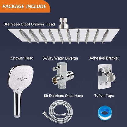 NearMoon Shower Head with Hose, High Pressure Stainless Steel Rain Shower and 3 Settings Handheld Spray Combo with Push Button Flow Control (8 Inch, Chrome Finish)