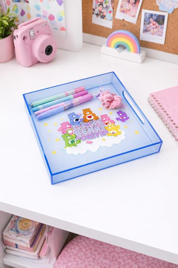 Care Bears Acrylic Square Table Top Decorative Serving Tray with Carry Handles for Bathroom, Desktop, Vanity, Kitchen, Table, 8"x7.85"