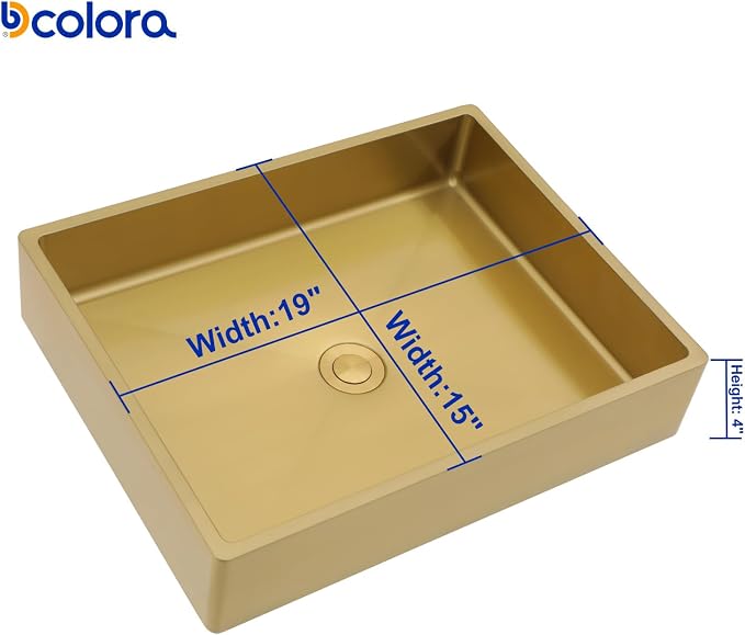 Dcolora 19 In. Gold Drop In Bathroom Vessel Sink, 16 Gauge Stainless Steel, Rectangle Design with Drain Assembly, 15"D x 19"W x 4"H #DC-VS261204