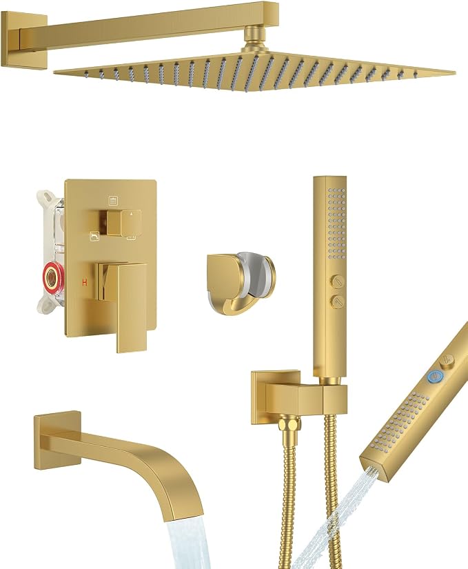 Brushed Gold Shower System with Tub Spout, Wall Mounted Bathtub Shower Faucet Set, 12" Rainfall Shower Head and Handheld Shower Combo, High Pressure Shower Fixtures Set with Rough-in Valve
