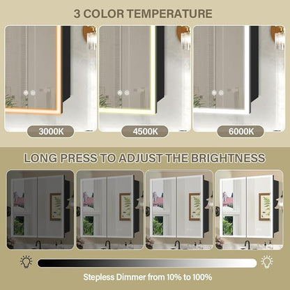 LED Medicine Cabinet,30x32inch,Recess Mirror Cabinet for Bathroom,3 Colors,Dimmable,Demister, Detachable Side Panel for Recess Mount or Surface Mount,USB Shaver Socket, Internal Lighting