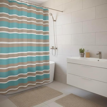 Serafina Home Striped Fabric Shower Curtain, Aqua Brown White Coastal Design, 70 x 72 Inches, with Hooks