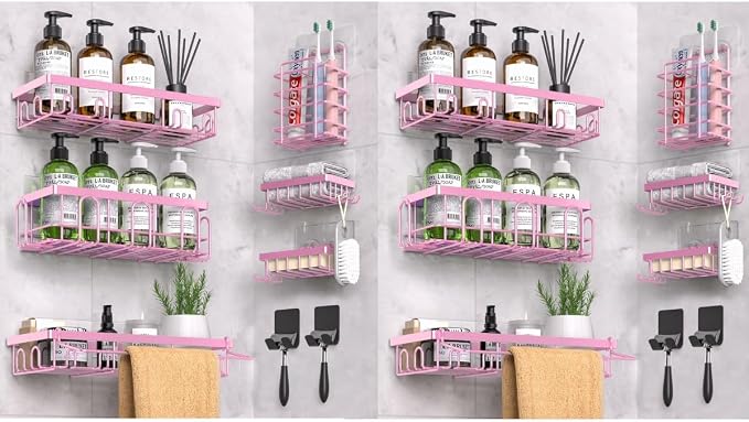 DTUQYX Shower Caddy 18 Pack,Adhesive Organizer for Bathroom Decor Accessories & Kitchen Storage,No Drilling,Large Capacity,Rustproof Stainless Steel Organizer,Home Decor Shelves (Pink 18 Pack)