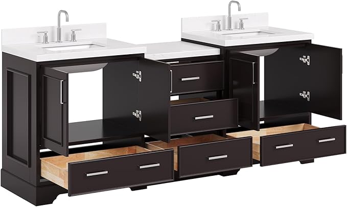 ARIEL Stafford 84-inch Bathroom Vanity with Sink,Solid Wood, 1.5in Carrara White Quartz Countertop, Double Rectangular Porcelain Sink, 4 Soft Closing Doors, 5 Dovetail Drawers, Espresso