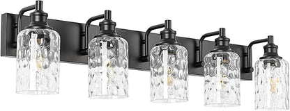 Bathroom Light Fixtures Over Mirror, 5 Lights Vanity Lights with Hammered Glass Shade, 37" Matte Black Farmhouse Bathroom Light Fixtures for Bedroom, Porch, Hotel, Mirror Cabinet