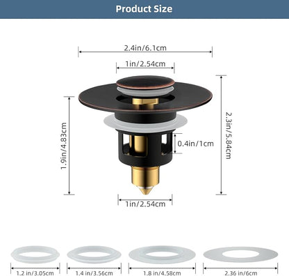 Hibbent All Metal Universal Bathroom Sink Stopper for 1.1''~2.3'' Basin, Pop Up Sink Drain Strainer, Brass Bullet Core Push Type Stopper, Stainless Steel Anti Clogging Drain Filter, Oil-Rubbed Bronze