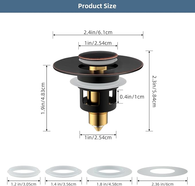 Hibbent 2 Pack All Metal Universal Bathroom Sink Stopper for 1.1''~2.3'' Basin, Pop Up Sink Drain Strainer, Brass Core Push Type Stopper, Stainless Steel Anti Clogging Drain Filter, Oil-Rubbed Bronze
