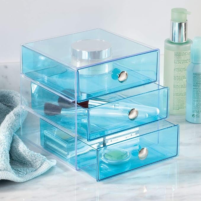 iDesign 3-Drawer Vanity Organizer, Aqua, 6.5" x 6.5" x 6.5" | BPA-Free Plastic