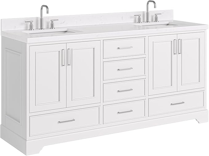 ARIEL Stafford 72-inch Bathroom Vanity with Sink,Solid Wood, 1.5-inch Carrara White Quartz Countertop, Double Rectangular Porcelain Sink, 4 Soft Closing Doors, 6 Dovetail Drawers, White