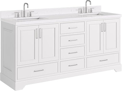 ARIEL Stafford 72-inch Bathroom Vanity with Sink,Solid Wood, 1.5-inch Carrara White Quartz Countertop, Double Rectangular Porcelain Sink, 4 Soft Closing Doors, 6 Dovetail Drawers, White